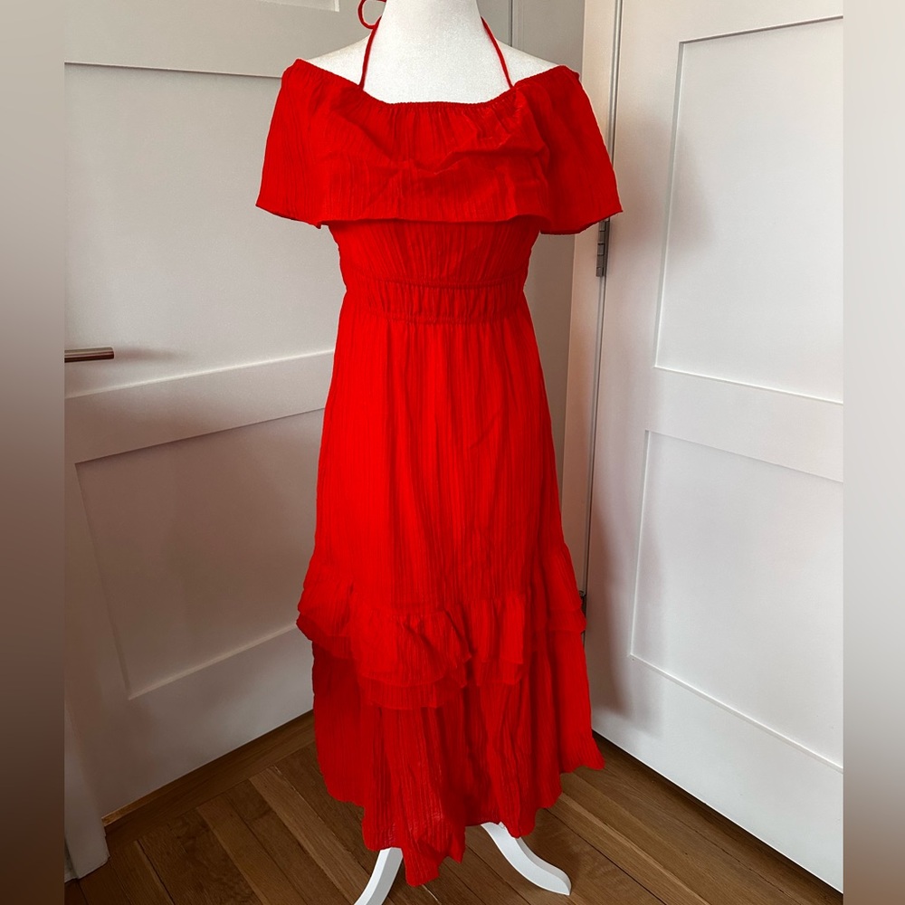 Endless Rose coral/red XS long midi dress. OTS stretch neckline, stretch waist.